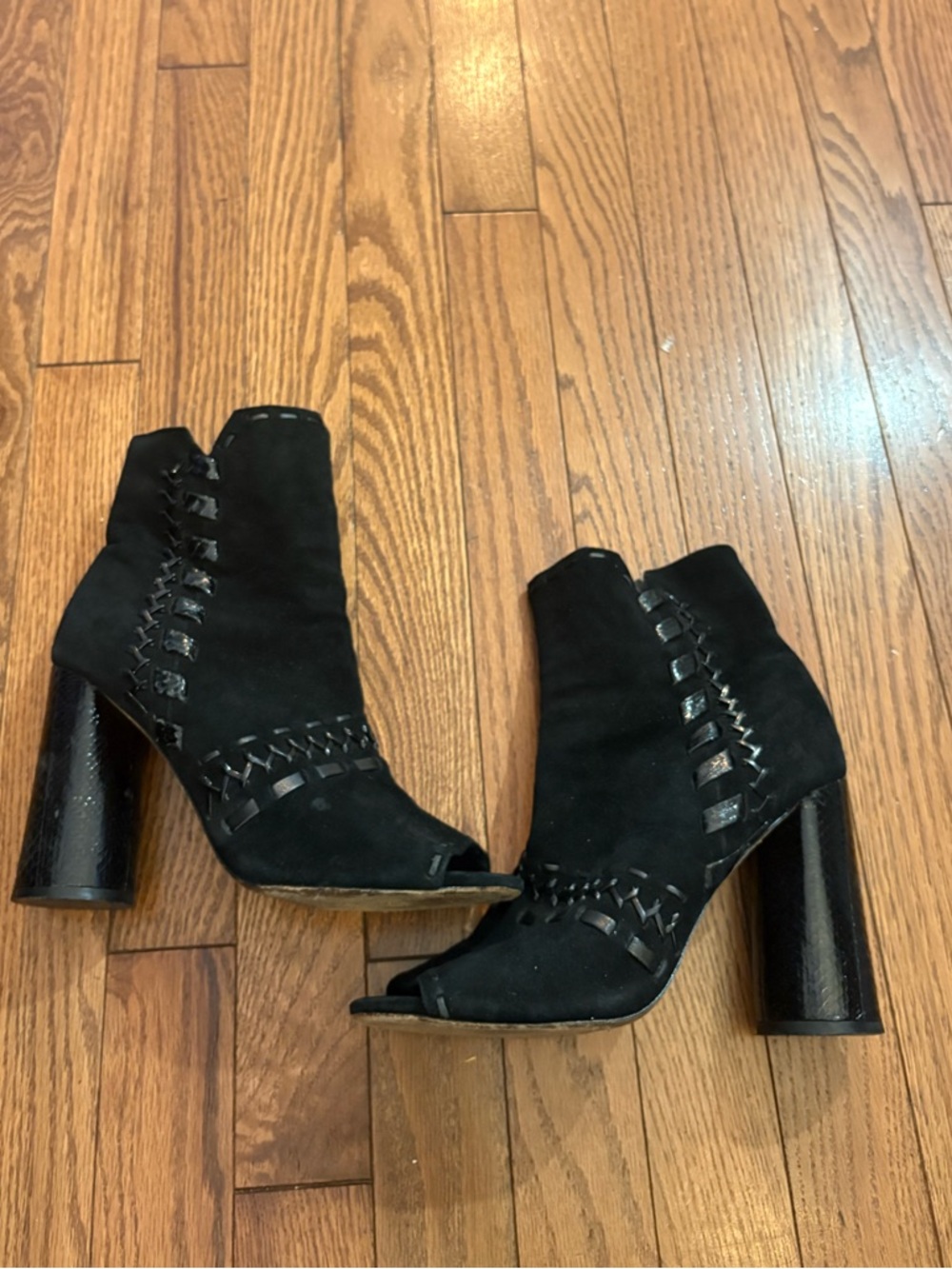 Donald J. Pliner Vintage Black Suede Peep-Toe Ankle Boots with Braided Detail